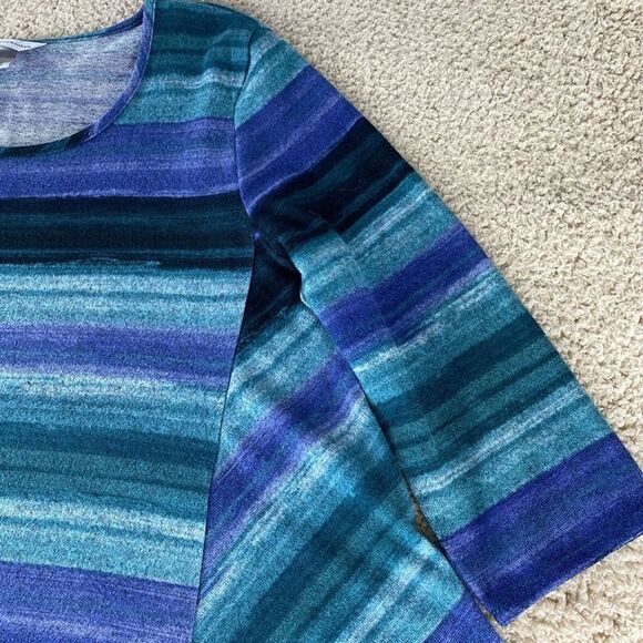 Christopher & Banks Women's Sz L Greens Blues Stripe Hi Lo Hem Long Sleeve Top - Picture 4 of 11